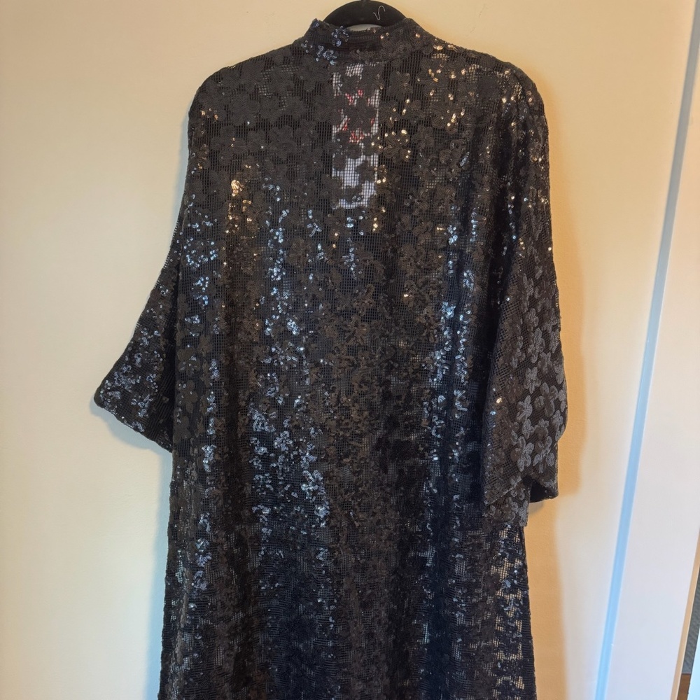 La Vie Style House Black Sequin Lace Caftan Duster One Size